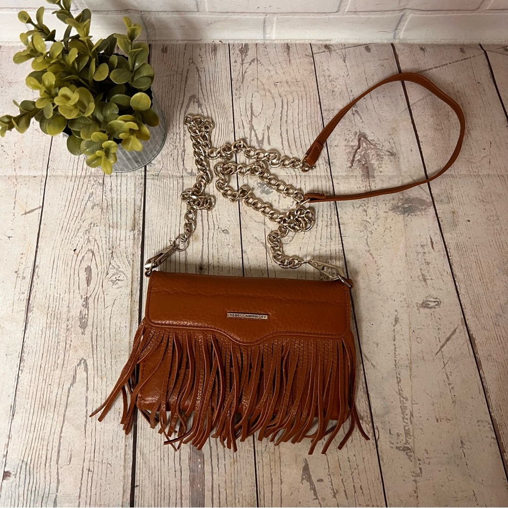 Rebecca Minkoff Convertible Fringe Phone Case Crossbody Bag Wallet Leather Brown